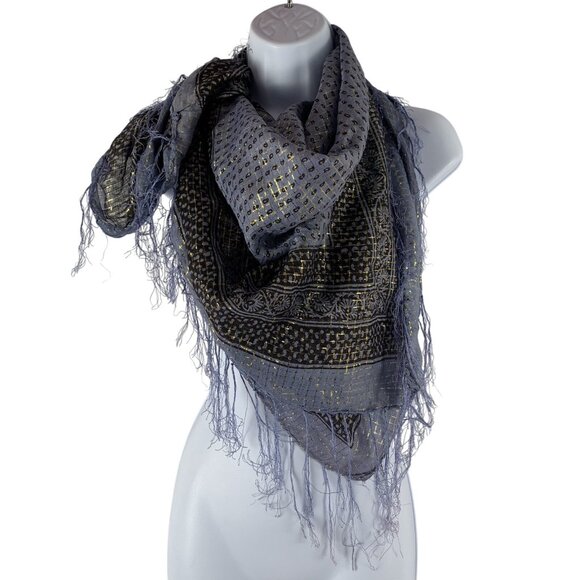 Blue Floral Geometric Design w/ Metallic Gold Square Scarf Bandana Boho Fringe - Picture 1 of 3
